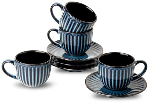 Hasense 4 Oz Espresso Cups with Saucers Set of 4, Ribbed Cappuccino Cups Ceramic for Coffee,Espresso,Double shot,Latte and Macchiato, Demitasse Cups Set Aesthetic Gift, Blue