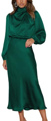 LIAOPUFUS Donna Abito Lungo in Satin Increspato Maniche Lunghe Vestiit Vita in Stile Sciolto Autunno Nuovo Elegante Vestito Cocktail da Donna e Ragazze (Verde Scuro,L)