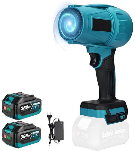 Soffiatore a Batteria, Piccolo Soffiatore Elettrico Velocità Aria Max 576 km/h, 28000 RPM, Soffiatore Foglie per rimozione foglie di giardino, trucioli di legno,neve (Blu con 2 batteria)