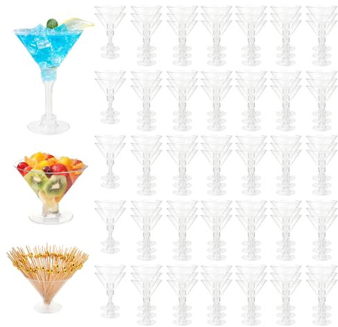 RETON Juego de 100 vasos de plástico para martini, vasos de cóctel reutilizables de 5 onzas, tazas altas de margaritas con 100 palillos de frutas, mini tazas de postre reutilizables para fiestas,