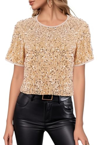 Segreto Blusa de fiesta con lentejuelas brillantes para mujer, de manga corta, con cuello redondo, suelta, brillante, para salir de noche, XL