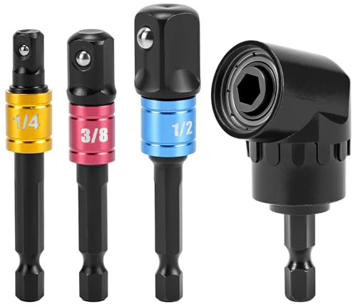 QWORK® 105° Angle Screwdriver Attachment Adapter, Impact Driver Socket Adapter Set, with 3-Piece Socket Adapter 1/4 3/8 1/2, Black