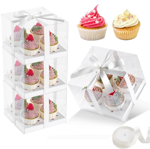 JCD 4Pack Clear Cupcake Boxes, 4 Count Cupcake Containers with Gift Ribbon,5.3inches height Plastic Cupcake Carrier Holder for Treat Dessert Cookies Muffins Pastry Baby Shower Party(4count/4pcs)