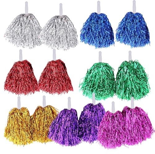 Bohue 14pcs Cheerleading Pom Poms Metal Foil Cheer Ball Sports Dance Cheer Spirit Cheering Pom Poms for Kids Adults (7 Color)
