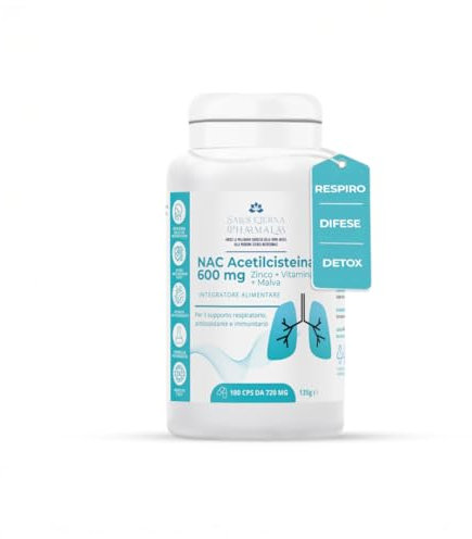 Salus Eterna NAC Acetilcisteina 600 mg 180 Capsule - Nac n-acetil-cisteina con Vitamina C, Zinco e Malva Made in Italy Integratore Antiossidante, Mucolitico, Difese Immunitarie, Detox Naturale