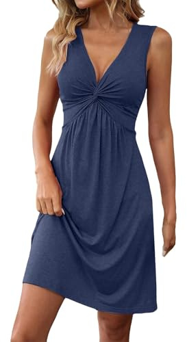 riou Vestidos Verano Mujer Playeros Sueltos Bohemio Sin Mangas Cuello V Vestido De Ocio Estampado Floral Túnica Casual Vestidos con Bolsillos Vintage Vestido Botones Original Viajes