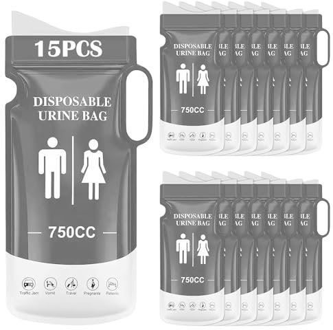 KOMABLEN 15 Stück Urinbeutel für Unterwegs, 750ml Tragbares Pinkelbeutel mit Gel, Urinella Einweg mit Griff für Frauen Männer Kinder, Reisetoilette Notfall für Camping Toiletten, Reisen Grau