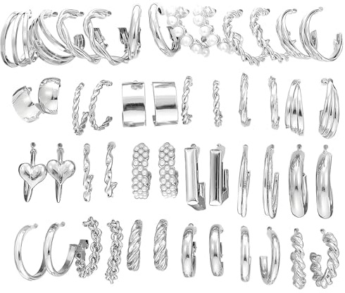 24 Paar Ohrringe Silber Creolen Set, Ohrstecker Silber Damen Set, Verschiedene Modelle Ohrringe Klein Earrings Damen Für Alltagstauglich Mehrere Piercings Schmuck Winzige Hoop