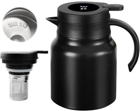1000 ml termos med tesil, termos med temperaturdisplay, termisk tekanna med sil, kaffekanna termos av rostfritt stål, vakuumkanna med droppfri pip för kaffe te (svart)