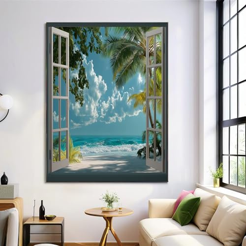 Playa Tropical Lienzo Arte Pared, Cuadros En Lienzo De Paisaje Vacacional, Arte Mural En Azul Cielo, Lienzos Decoración Para Salón Despacho Entrada Cafetería, Sin Marco, 50X70Cm