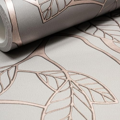 SOPHIE LAURENCE Grey Floral Wallpaper with Rose Gold Leaf Trail – Metallic Washable Fireplace - Decorative Luxury Wall Easy Paste-The-Wall Design, Ideal for Living Room & Feature Walls (10 m x 53 cm)