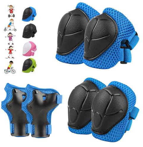 6PCS Kids Protective Gear Set, Knee Pads for Kids 3-14 Years Old, Toddler Elbow Pads, Wrist Guards, Skating Cycling Bike Rollerblading Scooter, Upgraded & Durable Material, Boys, Girls,Youth, Blue