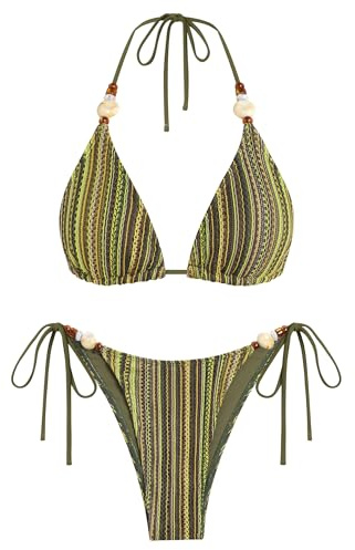ZAFUL Bikini Sets for Women Sexy Two Piece Swimsuits High Cut Cheeky Thong Bathing Suit Beads Striped Halter Triangle Swimsuit Push Up Bikini Top with Low Rise Bottoms Retro Swimwear 2026 Amy Green S