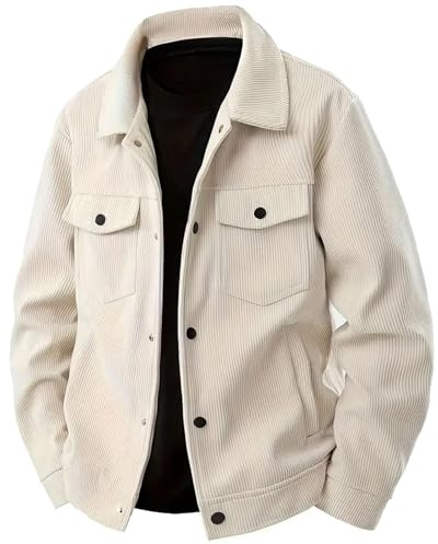 PADOLA Giacca Uomo in Velluto a Coste Giacca a Vento con Bottoni Morbida Modello Classico senza Cappuccio con 4 Tasche per Primavera Autunno (L,Beige)