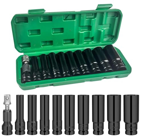 Ravytha 11 Pezzi Chiavi a Bussola Lunghe, Set Chiavi a Tubo da 1/2, Set di Chiavi a Bussola con Custodia in Plastica, Set di Bussole Esagonali, Set Bussole a Impatto para Riparazioni Auto Gomme