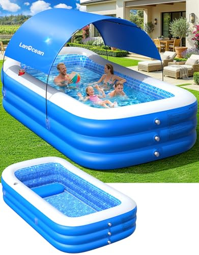 LanOcean Piscina Gonfiabile Adulti con Ombrellone,280*160*50cm Piscine Gonfiabili Grande, 0,53mm Piscine Gonfiabili Rettangolare con Seduta Portabicchieri, Piscina Bambini Gonfiabile Terrazzo Giardino