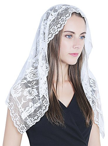 Mantilla de Encaje con Velo Católico, Capilla, Velo para Cubrir la Cabeza de la Misa Latina, Blanco, M