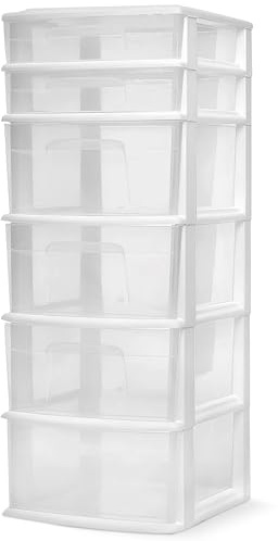 HOMZ Drawer Tower, 6-Tier Clear Plastic Storage Organizer Cart, White Frame - Heavy-Duty Organizing Drawers for Home, Bathroom, Kitchen, Cabinet, Pantry, and Office Organization