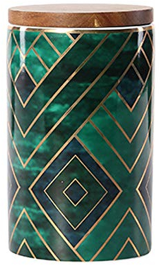 Bocaux en céramique, exquis pots en céramique vert oriental pour le rangement des épices de cuisine, boîte à thé, pot à café avec couvercle en bois (16,8 x 9,8 cm)