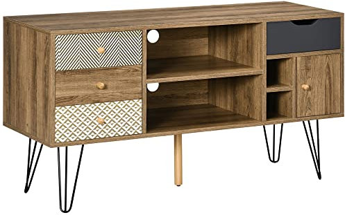 HOMCOM Mueble de TV con Estantes de Almacenamiento 4 Cajones y Patas de Metal Mesa para TV de Salón para Televisores de hasta 50 Pulgadas para Dormitorio 120x39x64 cm Marrón