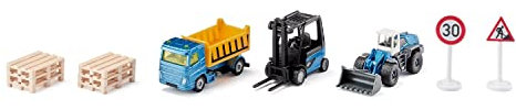 siku 6336, Geschenkset Baustelle, inkl. LKW, Gabelstapler, Radlader, 6 Paletten, 2 Verkehrsschilder, Metall/Kunststoff, Gelb/Blau, Bewegliche Teile