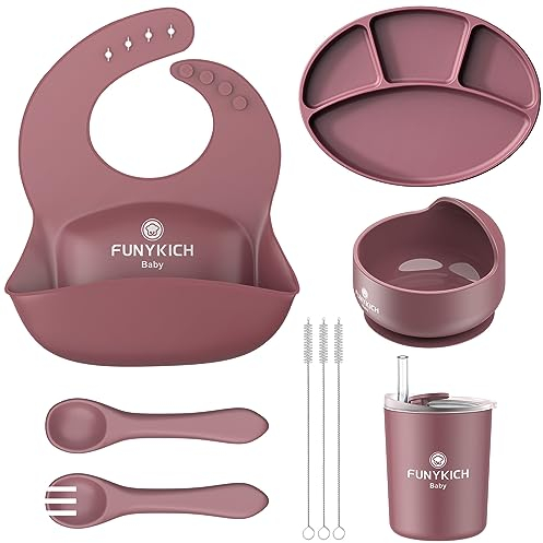 FUNYKICH Baby Geschirrset mit Saugnapf, Silikon Baby Essen Set mit Kinderteller, Lätzchen, Schüssel, Löffel, Gabel, Trinkbecher, Bürste, Mikrowellengeeignet, Spülmaschinenfest, BPA Frei (dunkelrot)