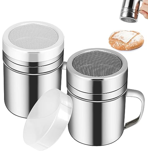 2 Pcs Powdered Sugar Shaker Duster with Handle, Stainless Steel Fine Mesh Shaker Powder Cans with Plastic Lid, Sifter Dredge Shaker for Powder Sugar Cinnamon Cocoa Pepper Coffee Flour Salt (6oz)