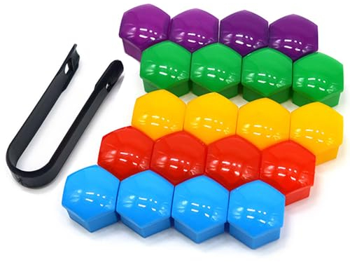 QitinDasen 20 Pezzi 19 mm Auto Ruote Copridado Set, Tappo Dado Bullone Ruota, Tappo a Vite Mozzo Ruote Auto Universale, Coperchio Dado Pneumatico Esagonali (Rosso Giallo Blu Verde Viola)