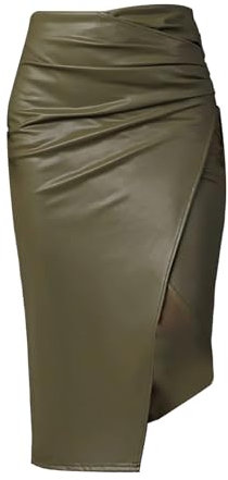 Blyertskjol för kvinnor knälång läderkjol med öppen front - sexig lång latexkjol midikjol pennkjol midikjol svart kjol hög midja pu lack kjol elegant, grön, M