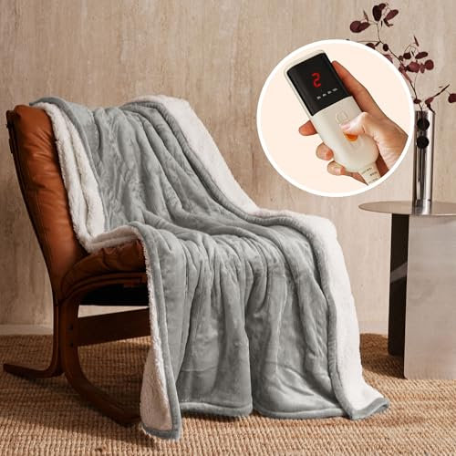 JET'S HOME Electric Blanket 130x160cm - Heated Blanket 6 Heat Settings Digital Controller Adjustable Timer up to 10 Hours - Heated Throw Machine Washable Overheat Protection (Grey)