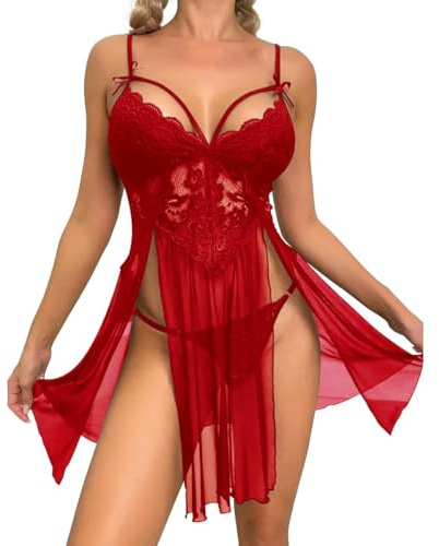 MIZSPISE Camisón De Encaje para Mujer Lencería Sexy Babydoll Transparente Escote En V Dividido Vestido De Noche Sin Mangas Lencería Ropa Interior Traje De Negligé 3 Colores (Burdeos, Talla única)