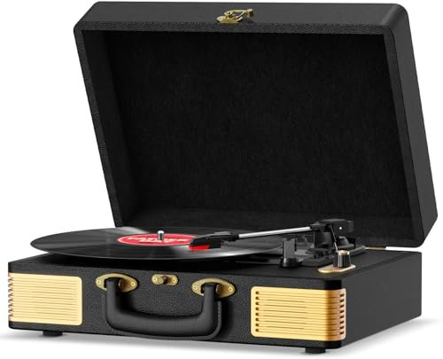 FYDEE Platine Vinyles, Tourne Disque Bluetooth Portable Vintage en Cuir avec 3 Vitesses (33/45/78 RPM), 2 Haut-Parleurs Intégrés, Entrée RCA, Fonction d'Arrêt Automatique, Noir