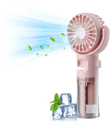TETSMG Ventilateur manuel avec refroidissement à eau, portable, rechargeable par USB, 4 vitesses, mini ventilateur avec refroidissement à eau, batterie, pour voyage, bureau (rose)