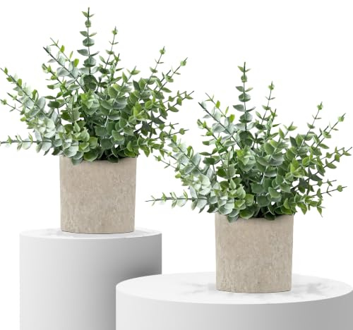 2 Pack Fake Plants Eucalyptus Potted for Home Office Bathroom Decor | Sage Green Frosted Artificial Plants, Pet and Kids Safe, Maintenance - Free Farmhouse Decor for Shelf Desk Bedroom Coffee Table