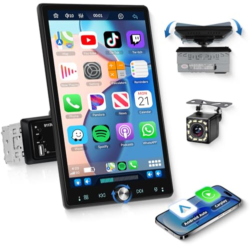 VECHTEL 1 Din bilradio med Carplay Android Auto trådlös, 10,4 tum IPS 2,5D pekskärm roterbar stereo, bilstereo, stöd för Bluetooth 5.2 Mirror Link Radio FM/RDS USB/TF/AUX kamera