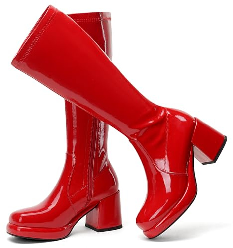 LanreyTaley Women Knee High Boots For Women Gogo Boots Platform Elastic Patent Leather Tall Chunky Heel Stretch Round Toe Side Zipper Red Size 41