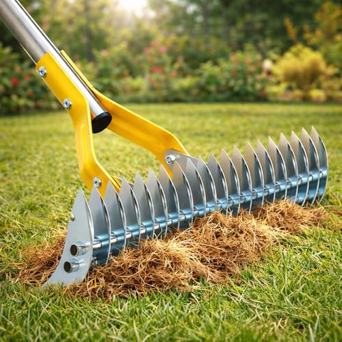 Thatch Rake for Lawns - 15 Heavy Duty Dethatching Rake with Sharp Carbon Steel Tines, 2-in-1 Manual Dethatcher & Scarifier for Dead Grass, Moss & Thatch Removal, 55 Adjustable Long Handle