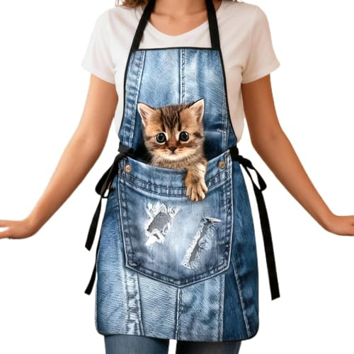 Kattköksförkläde - vattentät kökssköld, justerbar rem katttryckt förkläde