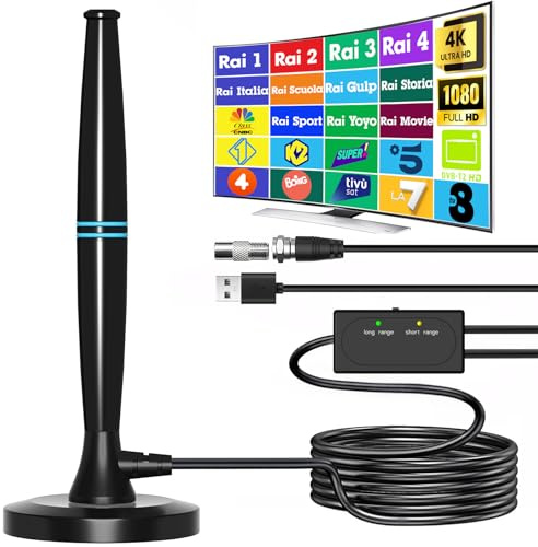 Nuova Antenna TV Portatile da Interno - Yowrepu Antenna TV Interna Amplificata Potente per DVB-T2/4K 1080P Smart TVs, Antenne Digitale Terrestre Con Base Magnetica e Cavo Coassiale da 5m