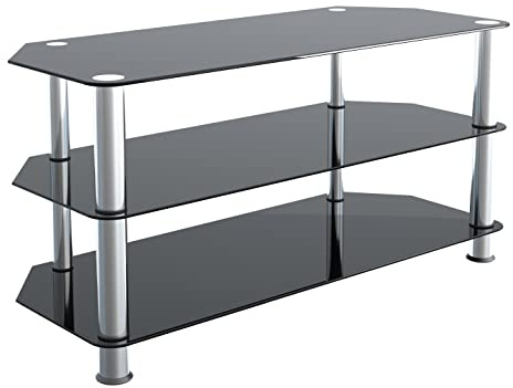 AVF Glass Corner TV Stand - 100cm Wide - Glass And Silver Chrome Metal Legs TV Floor Stand Unit - Gloss Black Safety Glass Shelves - Open Storage - Ideal For Corners - SDC1000 (Up to 50 TVs)