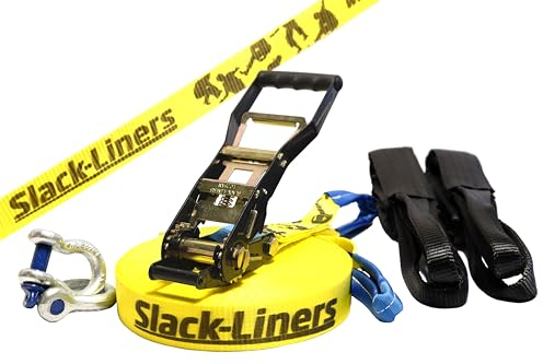 Slack-Liners 6 Teiliges Slackline-Set GELB - 50mm breit, 15m lang - mit Langhebelratsche Made in Germany