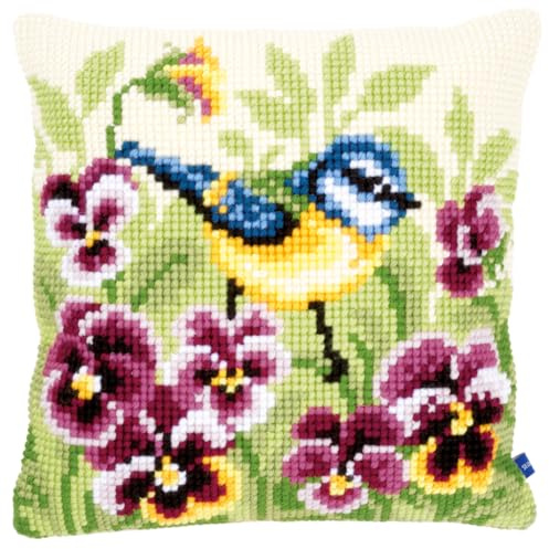 VERVACO Kreuzstich Stickpackungen Kissen Stickerei Set Anfänger Vorgedruckt Blaumeise DIY Set Kreativ Set Für Erwachsene Dekoratives Kissen ca. 40 x 40 cm Bastelset Handwerker Haus Dekoration