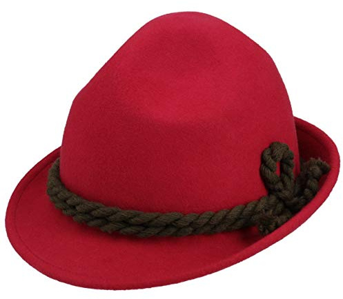 Kinder Dreispitz Wollfilzhut - Unifarbener Trachtenhut für Kinder - Sepplhut aus 100% Wollfilz - Wanderhut mit doppelter Kordel - Sommer/Winter rot 49 cm