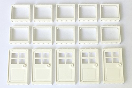 LEGO 15 Window & Door Bundle - 10 x 1x4x3 Windows With Glass & 5 x 1x4x6 Doors - White