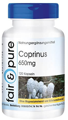 Fair & Pure Capsule di Coprinus 1300mg dose giornaliera, 120 pezzi, fungo coprinus, integratore alimentare vegano senza additivi, prodotto in Germania