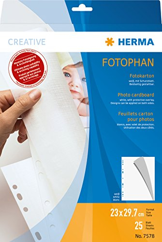 HERMA 7578 Fotokarton weiß, 25 Stück, 23 x 29,7 cm, 220 g/m², Tonkarton zum Abheften mit Pergamin Papier und Eurolochung für Fotos, Bilder, Postkarten, Fotoalbum, Ordner, Ringbuch oder zum Basteln