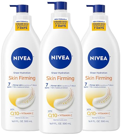 NIVEA Sheer Hydration Skin Firming Body Lotion with Q10 and Vitamin C, 72-Hour Body Moisturizer for Normal to Dry Skin, 16.9 Fl Oz Pump Bottle, Pack of 3