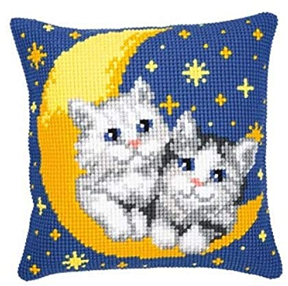 VERVACO Kreuzstich Stickpackungen Kissen Stickerei Set Anfänger Vorgedruckt Katzen auf dem Mond DIY Set Kreativ Set Für Erwachseneca. 40 x 40 cm Bastelset Handwerker Haus Dekoration