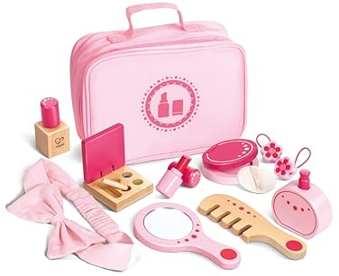 Hape Set di Bellezza Finti Prodotti per Capelli, Unghie e Make up - Cosmetici Giocattolo in Legno per Gioco di Ruolo dai 3 Anni