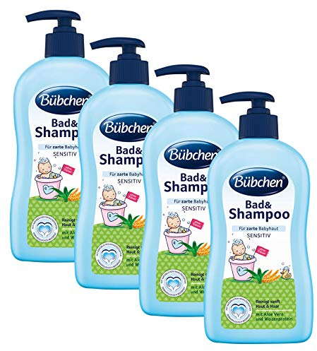Bübchen Bad und Shampoo sensitiv Baby Shampoo und -duschgel mit Aloe vera und Weizenprotein, pflegt feine Haare und zarte Babyhaut, Menge: 4 x 400 ml